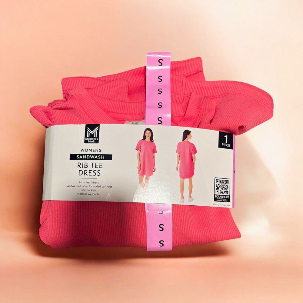 Member's Mark Women's Ribbed T-Shirt Dress w/ Pockets Pink Size S
